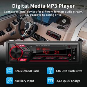 Bluetooth Single Din Car Radio: Marine Stereo Receivers - Multimedia Car Audio with AM FM | USB SD AUX-in | 2.1A Quick Charge | APP Control | LCD Display