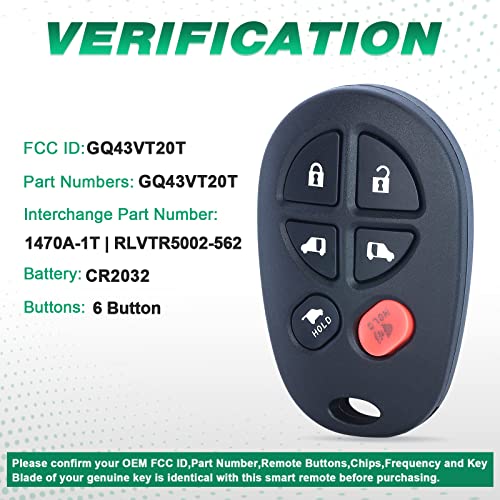 Beefunny Keyless Entry 6 Button Remote Car Key Fob for Toyota Sienna 2004-2013 FCC ID: GQ43VT20T (2)