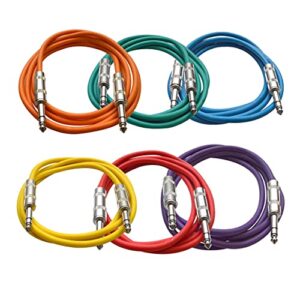 seismic audio speakers ¼” to ¼” trs patch cables, 6 foot patch cables, pack of 6, multi color
