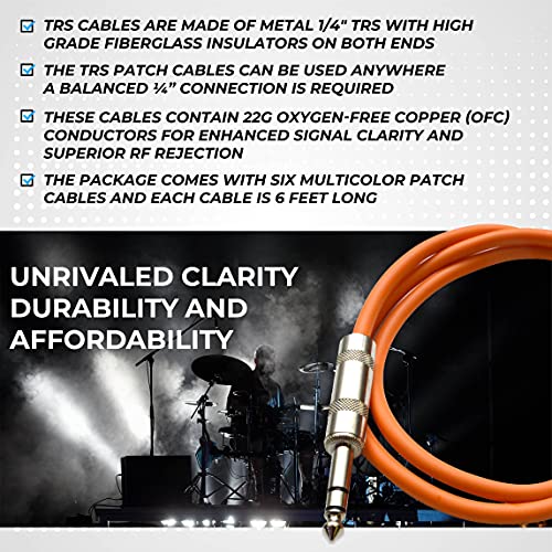 Seismic Audio Speakers ¼” to ¼” TRS Patch Cables, 6 Foot Patch Cables, Pack of 6, Multi Color
