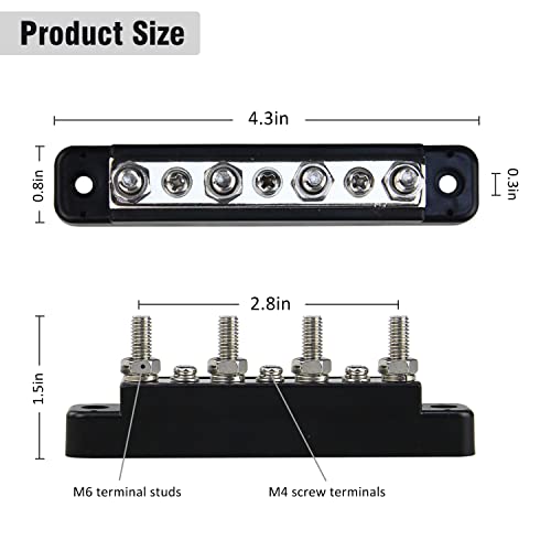 Bus Bar Battery Power Distribution Block, 4 X M6 Terminal Studs, 3 X M4 Terminal Screws, Battery Bus Bar for Car Marine Pickup Trailer RV Boat