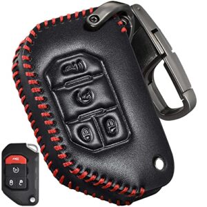 slohif for jeep leather wrangler jl jlu rubicon 2018-2021 gladiator jt sahara jlu 4 buttons, leather case+d-ring+hook(black)