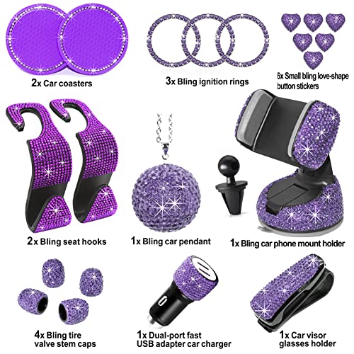 Bling Car Accessories Set, MAIMEIMI 22 Pieces Bling Car Phone Holder Mount, Bling Dual USB Car Charger, Bling Car Visor Glasses Holders, Bling Car Seat Hooks Rhinestone Gift for Women Girls (Purple)