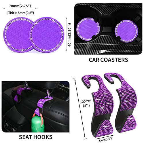 Bling Car Accessories Set, MAIMEIMI 22 Pieces Bling Car Phone Holder Mount, Bling Dual USB Car Charger, Bling Car Visor Glasses Holders, Bling Car Seat Hooks Rhinestone Gift for Women Girls (Purple)