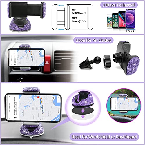 Bling Car Accessories Set, MAIMEIMI 22 Pieces Bling Car Phone Holder Mount, Bling Dual USB Car Charger, Bling Car Visor Glasses Holders, Bling Car Seat Hooks Rhinestone Gift for Women Girls (Purple)