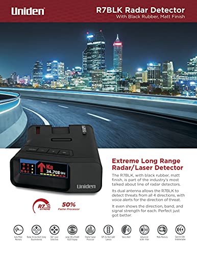 Uniden R7 Extreme Long Range Laser/Radar Detector, Built-in GPS w/Real-Time Alerts, Dual-Antennas Front & Rear w/Directional Arrows, Voice Alerts, Red Light and Speed Camera Alerts - Matte Black