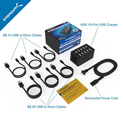 SABRENT 60 Watt (12 Amp) 10-Port Family-Sized Desktop USB Rapid Charger. 6 Micro USB Cables [X3-3foot. and X3-1foot] Black (AX-TU63)