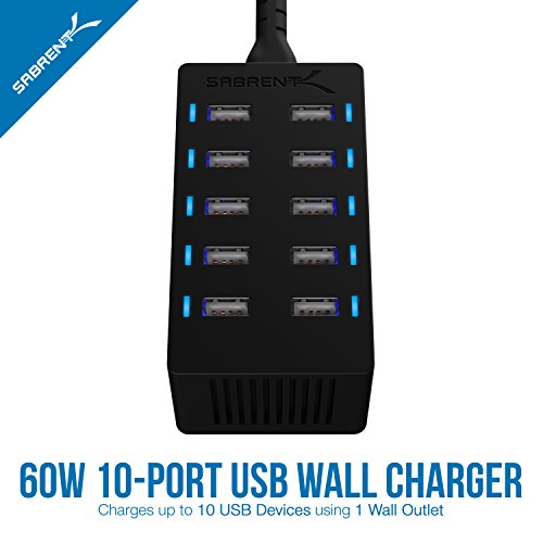 SABRENT 60 Watt (12 Amp) 10-Port Family-Sized Desktop USB Rapid Charger. 6 Micro USB Cables [X3-3foot. and X3-1foot] Black (AX-TU63)