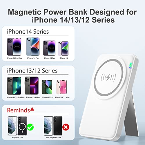 Gotoqi Mag Safe Battery Pack - 5000mAh Magnetic Wireless Portable Charger, Foldable Wireless Power Bank Stand for MagSafe Battery PD 20W Fast Charging for Apple iPhone 14 13 12 Pro Max Mini Plus