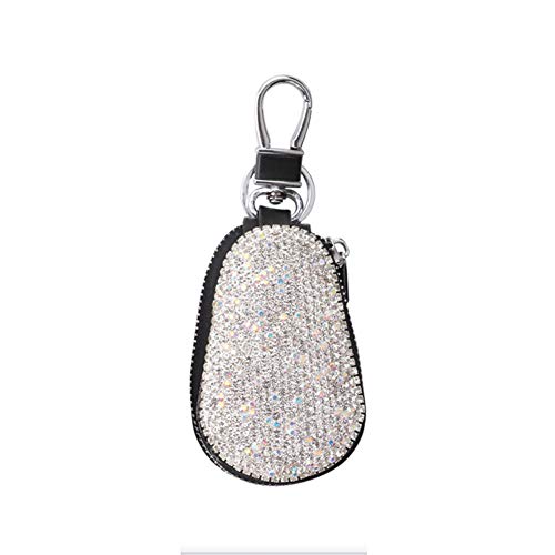 ihreesy Glitter Car Key Cover,Multifunctional Leather Key Case Glitter Rhinestone Key Bling Key Case with Zipper and Carabiner,White