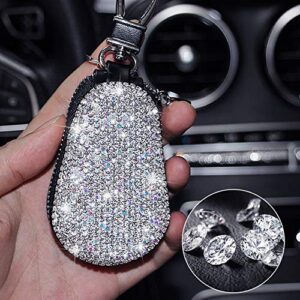 ihreesy Glitter Car Key Cover,Multifunctional Leather Key Case Glitter Rhinestone Key Bling Key Case with Zipper and Carabiner,White