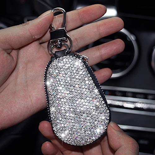 ihreesy Glitter Car Key Cover,Multifunctional Leather Key Case Glitter Rhinestone Key Bling Key Case with Zipper and Carabiner,White