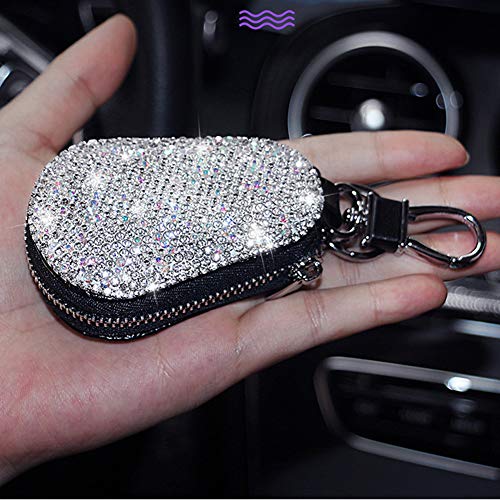 ihreesy Glitter Car Key Cover,Multifunctional Leather Key Case Glitter Rhinestone Key Bling Key Case with Zipper and Carabiner,White