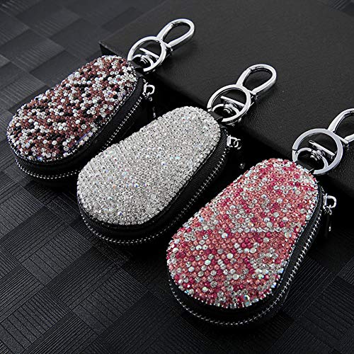 ihreesy Glitter Car Key Cover,Multifunctional Leather Key Case Glitter Rhinestone Key Bling Key Case with Zipper and Carabiner,White