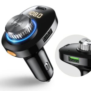 bluetooth fm transmitter for car, bluetooth 5.0 car adapter, handsfree call car charger with fast charge, 7 led rgb colors, dual usb port charger, wireless radio receiver supports tf card/u-disk
