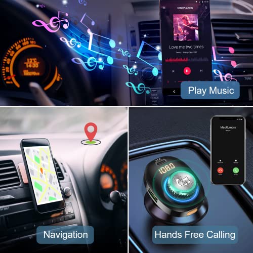 Bluetooth FM Transmitter for Car, Bluetooth 5.0 Car Adapter, Handsfree Call Car Charger with Fast Charge, 7 LED RGB Colors, Dual USB Port Charger, Wireless Radio Receiver Supports TF Card/U-Disk