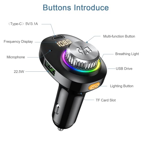 Bluetooth FM Transmitter for Car, Bluetooth 5.0 Car Adapter, Handsfree Call Car Charger with Fast Charge, 7 LED RGB Colors, Dual USB Port Charger, Wireless Radio Receiver Supports TF Card/U-Disk