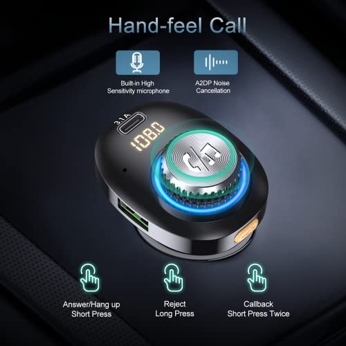 Bluetooth FM Transmitter for Car, Bluetooth 5.0 Car Adapter, Handsfree Call Car Charger with Fast Charge, 7 LED RGB Colors, Dual USB Port Charger, Wireless Radio Receiver Supports TF Card/U-Disk