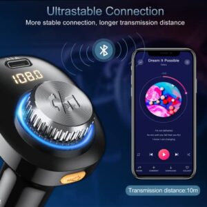 Bluetooth FM Transmitter for Car, Bluetooth 5.0 Car Adapter, Handsfree Call Car Charger with Fast Charge, 7 LED RGB Colors, Dual USB Port Charger, Wireless Radio Receiver Supports TF Card/U-Disk