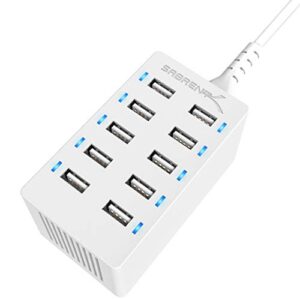 sabrent 60 watt (12 amp) 10 port [ul certified] family sized desktop usb rapid charger. smart usb charger with auto detect technology [white] (ax-tpcs-w)