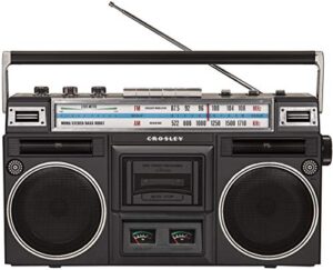 crosley ct201a-bk retro bluetooth boombox cassette player with am/fm radio and bass boost, black