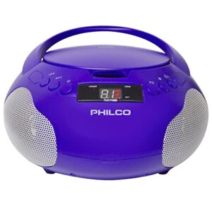 philco portable cd player boombox with speakers and am fm radio | purple boom box cd player compatible with cd-r/cd-rw and audio cd | 3.5mm aux input | stereo sound | led display | ac/battery powered