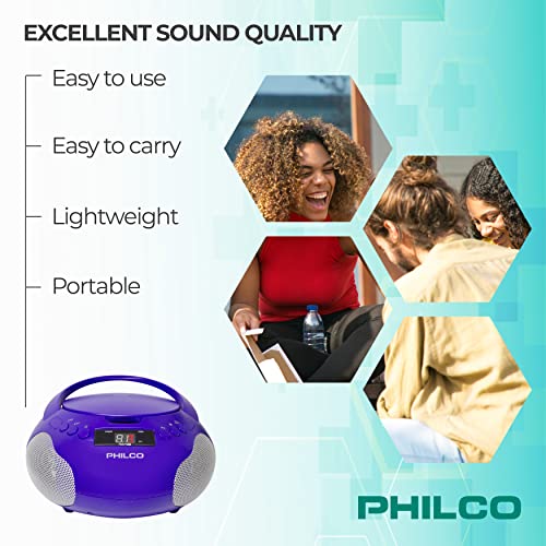 Philco Portable CD Player Boombox with Speakers and AM FM Radio | Purple Boom Box CD Player Compatible with CD-R/CD-RW and Audio CD | 3.5mm Aux Input | Stereo Sound | LED Display | AC/Battery Powered