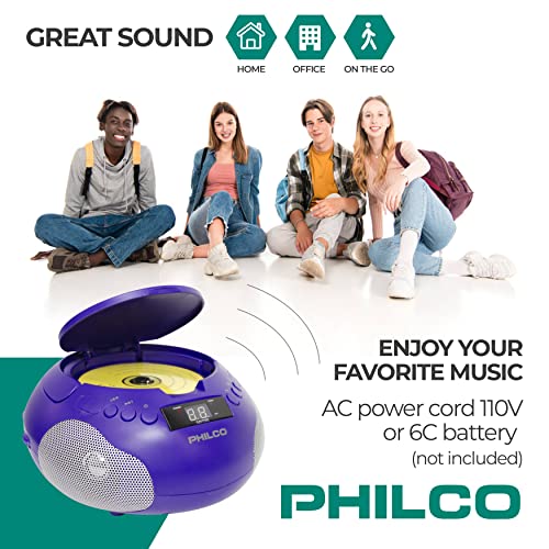 Philco Portable CD Player Boombox with Speakers and AM FM Radio | Purple Boom Box CD Player Compatible with CD-R/CD-RW and Audio CD | 3.5mm Aux Input | Stereo Sound | LED Display | AC/Battery Powered