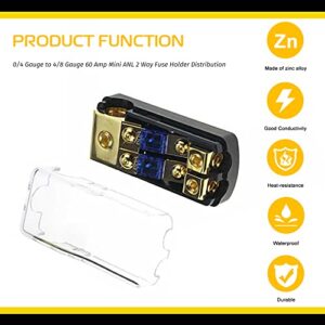 Apeixoto Fuse Distribution Block 0/4 Gauge In To 4/8 Gauge out 60A Fuse Distribution Block Mini ANL 2 Way Fuse Holder Distribution Block