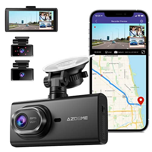 AZDOME M560-3CH Dash Cam 3 Channel, Built in WiFi GPS, 128GB eMMC Storage, 4” IPS Touch Screen, Front Cabin Rear 1080P Dash Camera for Cars, 1440P+1080P Dual, IR Night Vision, Capacitor, Parking Mode