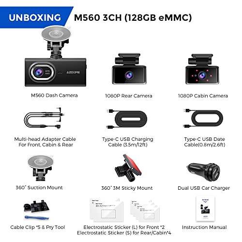 AZDOME M560-3CH Dash Cam 3 Channel, Built in WiFi GPS, 128GB eMMC Storage, 4” IPS Touch Screen, Front Cabin Rear 1080P Dash Camera for Cars, 1440P+1080P Dual, IR Night Vision, Capacitor, Parking Mode