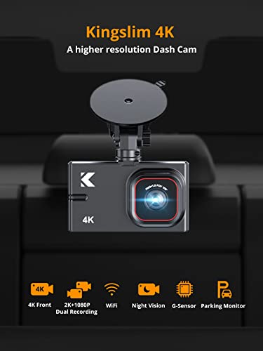 Dash Cam Front and Rear with WiFi - Kingslim D2 Pro 4K Single Front/2K+1080P Front and Rear Dual Dashcam for Cars with Night Vision and 24H Parking Monitor, 256GB Max Supported, Black