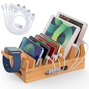 Pezin & Hulin Bamboo Charging Station Organizer for Multiple Devices & Wood Desktop Docking Charging Stand Such As Cell Phone, Tablets, Phone Case and Watch Stand (No USB Charger)