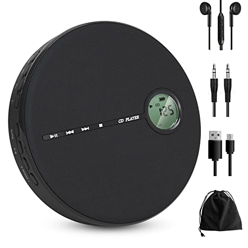 WOKALON CD Player Portable, Rechargeable Portable CD Player with Bluetooth, Anti-Skip Walkman CD Player with Dual Stereo Speakers, Headphones and AUX Cable, Discman CD Player for Car, 2000mAh Battery