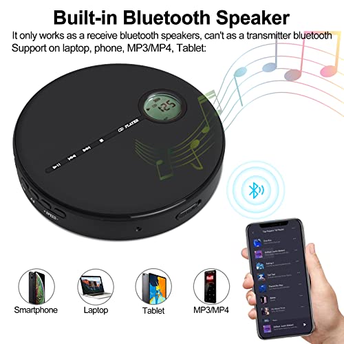 WOKALON CD Player Portable, Rechargeable Portable CD Player with Bluetooth, Anti-Skip Walkman CD Player with Dual Stereo Speakers, Headphones and AUX Cable, Discman CD Player for Car, 2000mAh Battery