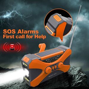 【10000mAh】 Emergency Radio Hand Crank Solar, NOAA Weather Radio Multiple Power Sources,Flashlight, Reading Lamp,Cell Phone Charger, SOS Alarm, Portable AM/FM/WB Radio with Headphone Jack (Orange)