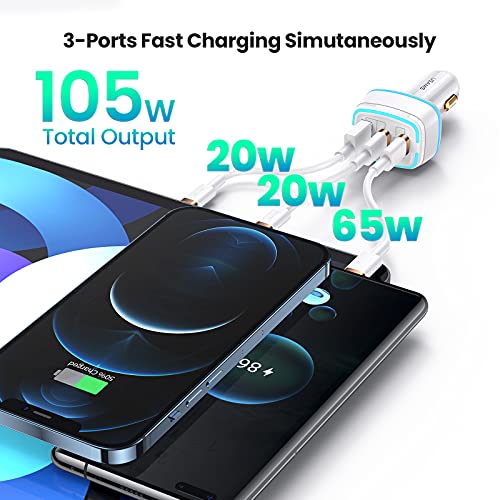 105W USB C Car Charger,3 Port PD 65W 20W PPS 45W Type C Super Fast Charging QC4.0 20W Cigarette Lighter Adapter Fast USB Car Charger for iPhone 13 12 Pro Max Samsung Galaxy S21 Note 20 iPad MacBook