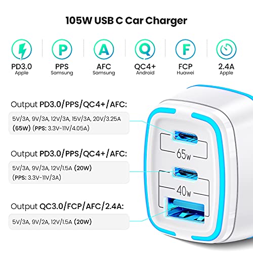 105W USB C Car Charger,3 Port PD 65W 20W PPS 45W Type C Super Fast Charging QC4.0 20W Cigarette Lighter Adapter Fast USB Car Charger for iPhone 13 12 Pro Max Samsung Galaxy S21 Note 20 iPad MacBook