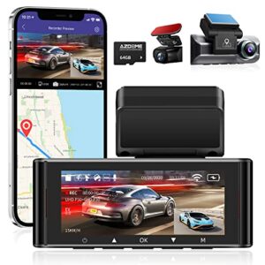 azdome 4k dual dash cam built-in wifi gps front 4k/2.5k and rear 1080p, with 64gb card, dual dash camera for cars, 3.19″ display, dashboard camera recorder capacitor, parking mode, support 256gb max