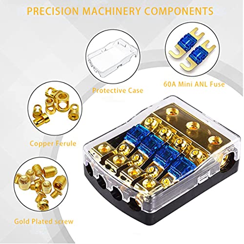 DriSentri 4 Way Fuse Holder HiFi Auto Fuse Distribution Block 60 Amp 12V Fusible Support 0 2 4 Gauge in 4/8 Gauge Out