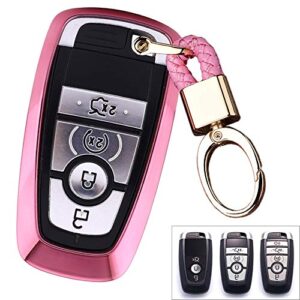 royalfox(tm) 3 4 5 buttons tpu smart keyless entry remote key fob case cover keychain for 2017 2018 2019 2020 ford mustang explorer edge fusion mondeo f150 f250 f350 f450 f550 (pink)
