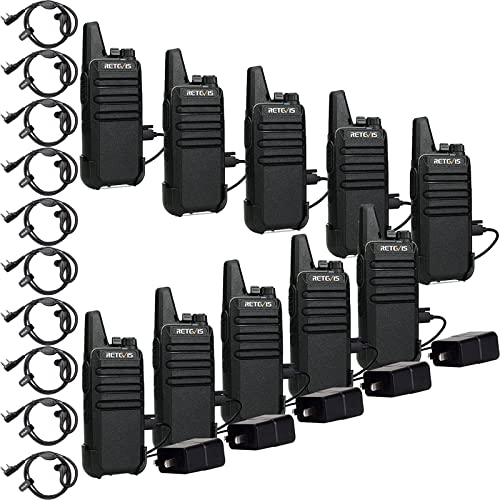 Retevis RT22 Two Way Radios (10 Pack) with Headset (10 Pack) ，Hands Free Long Rang Walkie Talkies with Six Way Multi Gang Charger Bundle with 2 Pin Adjustable Volume Headset with Mic