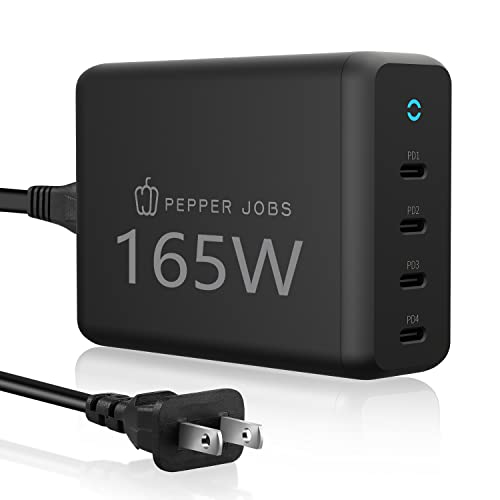 PEPPER JOBS 165W USB-C 4-Port PD GaN Charger USB-C PD Desktop Charger for MacBook Air Charger for MacBook Pro 13/14/15/16 Inch for iPad Pro for iPhone 13 Pro Max/13 Pro/13/13 Mini and All USB C Device