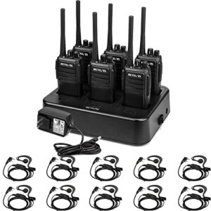 retevis rt21 adult walkie talkies(6 pack) with headsets (10 pack), 2 way radio hands free with six-way multi gang charger long range for organization business, c shape earhook walkie talkie earpiece