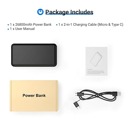 26800mAh Power Bank 2 Outputs&2 Inputs Portable Charger Ultra-High Capacity Battery Pack with 2 in 1 Cable External Battery Power Bank for iPhone iPad Samsung Pixel Camera Switch Fans Flashlighs