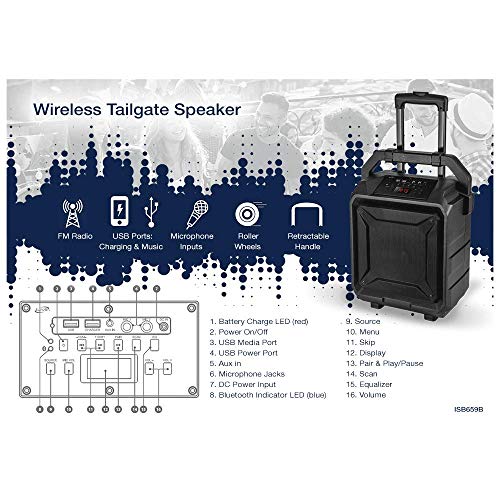 iLive ISB659B Wireless Tailgate Party Speaker, with Built-in Rechargeable Battery and Roller Wheels, Black