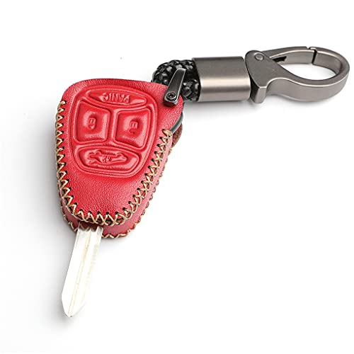 WFMJ Leather for 2006 2007 Jeep Grand Cherokee Dodge Chrysler Magnum Durango Charger 300 Remote 4 Buttons Key Case Holder Cover Fob Chain (Red)