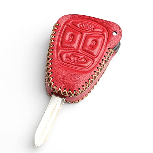 WFMJ Leather for 2006 2007 Jeep Grand Cherokee Dodge Chrysler Magnum Durango Charger 300 Remote 4 Buttons Key Case Holder Cover Fob Chain (Red)