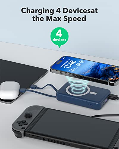 Wireless Portable Charger with Built in Cables,10000mAh Magnetic Power Bank Mini Battery Pack,4 Output 4 Input LED Display USB-C for iPhone 14/13/12/11/X Pro Max/Pro/Mini/Plus Android (Blue)