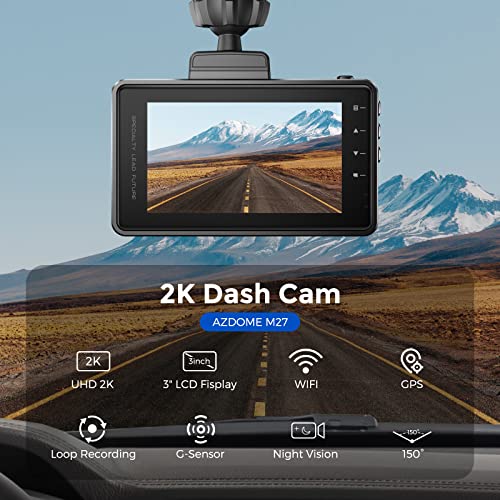 AZDOME 2K Dash Cam, Built in WiFi, Dashboard Camera with QHD 2560x1440P, M27 Car Camera, Dashcams for Cars with 3" Display, WDR, Night Vision, Parking Monitor, G-Sensor